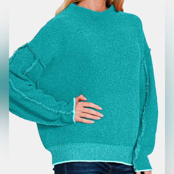 Zenana Teal cowl/mock Neck Sweater. Raw seams. Super soft. - Picture 3 of 9